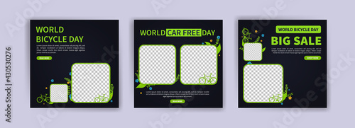World Bicycle Day. Social media post for world bicycle day. Environmental conservation campaign. Discount sales banner.