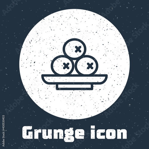 Grunge line Olives on plate icon isolated on grey background. Monochrome vintage drawing. Vector