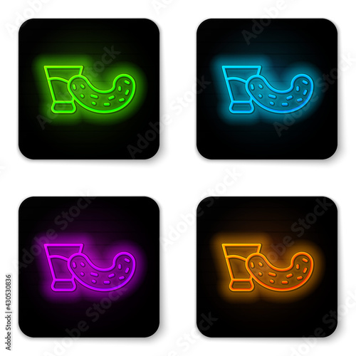 Glowing neon line Glass with vodka and cucumber icon isolated on white background. Black square button. Vector