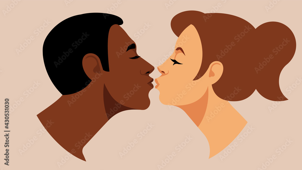 
Kissing couple. Beautiful multi-ethnicity people kissing each other with closed eyes. Young man and pretty woman expressing love, tenderness, affection. Vector illustration for cover, banner, post.