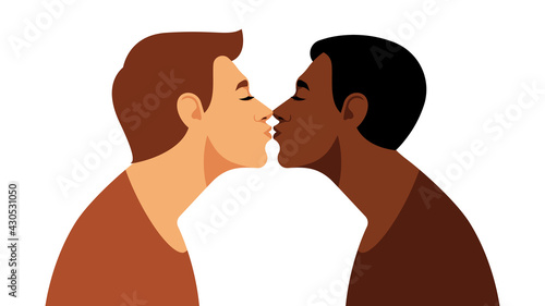 Kissing gay couple. Beautiful multi-ethnicity men kissing each other with closed eyes. Two young man expressing love, tenderness, affection. Vector illustration for cover, banner, post.