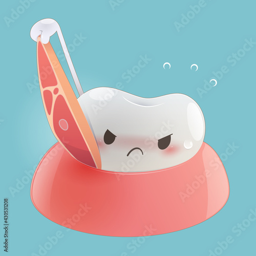 Meat scraps in gum and teeth. Food stuck in tooth