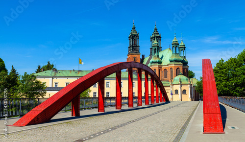 Panoramic view of Ostrow Tumski island with Jordan Bridge over Cybina river and Poznan Cathedral of St. Peter and St. Paul in Poznan, Poland