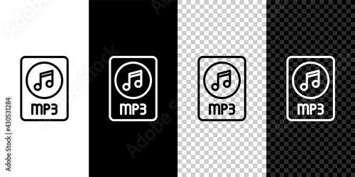Set line MP3 file document. Download mp3 button icon isolated on black and white background. Mp3 music format sign. MP3 file symbol. Vector