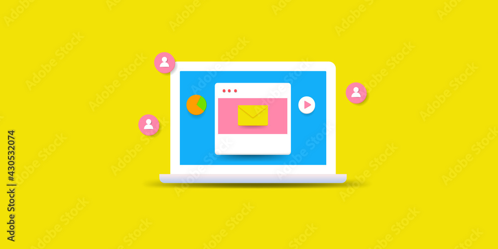 3d style illustration concept of email marketing and newsletter promotion, digital email message advertising, email content subscription, yellow background. 3d style illustration concept of email marketing and newsletter promotion, digital email message advertising, email content subscription, yellow background.