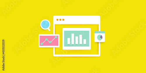 Web analytics, digital analytics software, seo data report, business intelligence metrics KPI, graph chart concept, yellow background template.