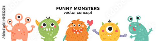 cute vector banner with monsters in a row