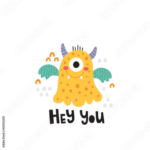 cute vector yellow monster and lettering text