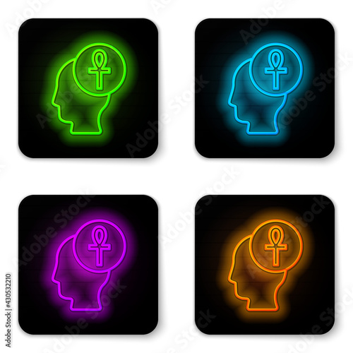 Glowing neon line Cross ankh icon isolated on white background. Black square button. Vector