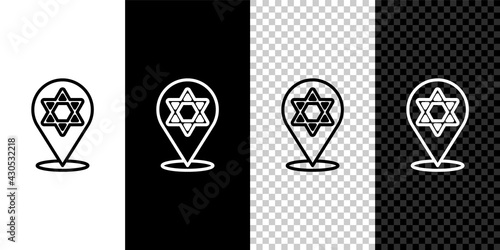 Set line Star of David icon isolated on black and white,transparent background. Jewish religion symbol. Symbol of Israel. Vector