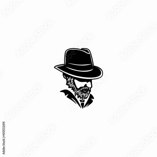 Beard man face with hat. Photo props. Vector illustration
 profile view of bearded man wearing hat, 
Silhouette of a bearded man with a hat logo.
