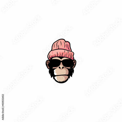 monkey ape in a knitted hat and sunglasses logo vector illustration, 
Cute monkey with glasses logo vector illustration, cool ape logo design