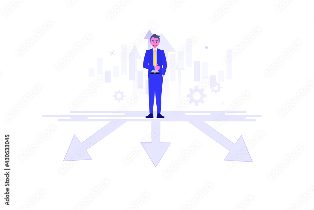 A business man standing at a crossroads and choosing a direction. Right way business concept. Choice. Modern vector illustration. A business man standing at a crossroads and choosing a direction. Right way business concept. Choice. Modern vector illustration.