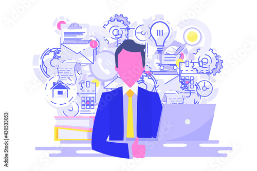 Concept of a business man with multitasking skills sitting at his laptop with office icons in the background. Successful labor productivity. Vector illustration.
