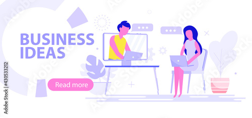 Work from home. A woman communicates with a business partner. Friends online by video link. Remote project management. Vector illustration.