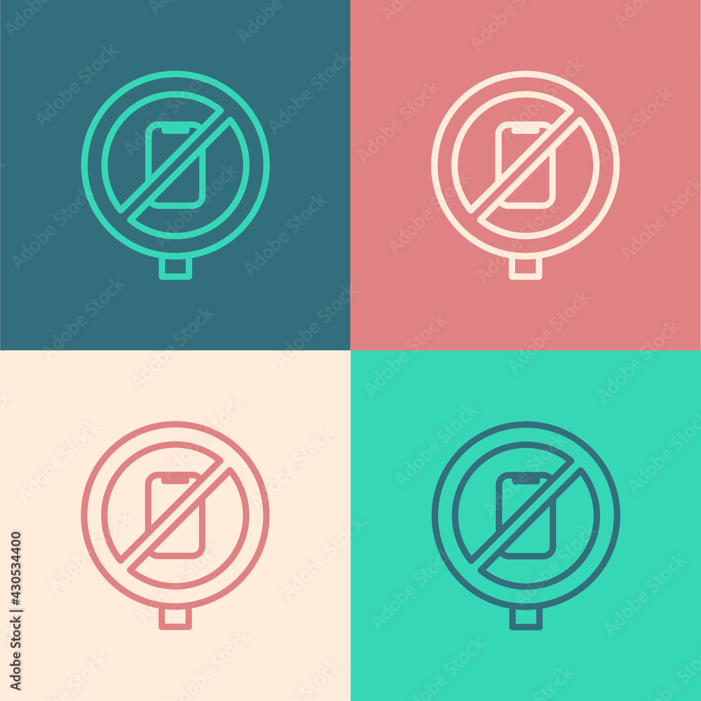 Pop art line No cell phone icon isolated on color background. No talking and calling sign. Cell prohibition. Vector Pop art line No cell phone icon isolated on color background. No talking and calling sign. Cell prohibition. Vector