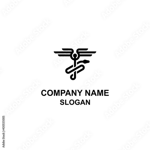 Caduceus medicine symbol, with a serpent wrapped around a pole with two wings.
