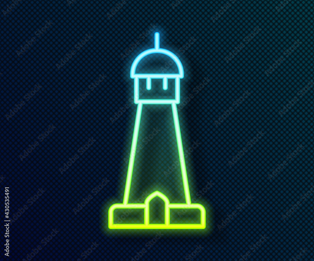Glowing neon line Mosque tower or minaret icon isolated on black background. Vector Glowing neon line Mosque tower or minaret icon isolated on black background. Vector