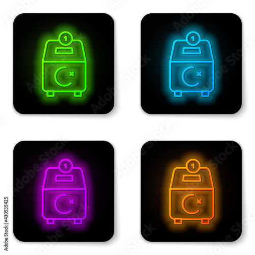 Glowing neon line Donate or pay your zakat as muslim obligatory icon isolated on white background. Muslim charity or alms in ramadan kareem before eid al-fir. Black square button. Vector
