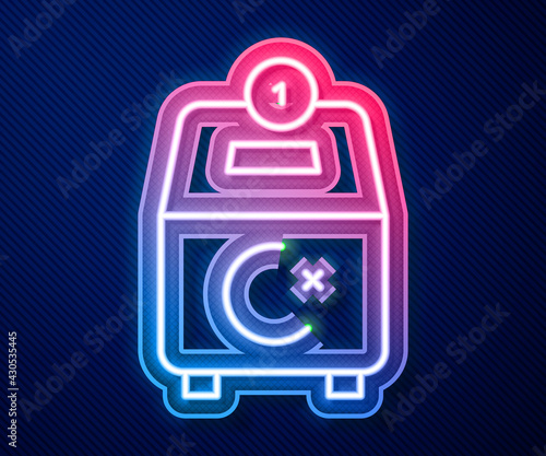 Glowing neon line Donate or pay your zakat as muslim obligatory icon isolated on blue background. Muslim charity or alms in ramadan kareem before eid al-fir. Vector