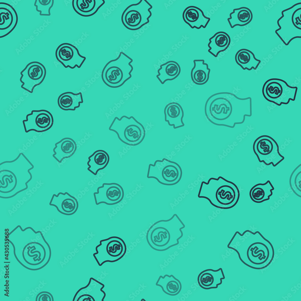 Black line Business man planning mind icon isolated seamless pattern on green background. Human head with dollar. Idea to earn money. Business investment growth. Vector Black line Business man planning mind icon isolated seamless pattern on green background. Human head with dollar. Idea to earn money. Business investment growth. Vector