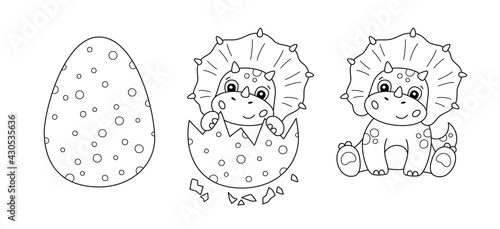 Dinosaur egg and cute little dinosaur for kid coloring book. Baby triceratops. Children puzzle game. Black and white cartoon isolated vector illustration on white background