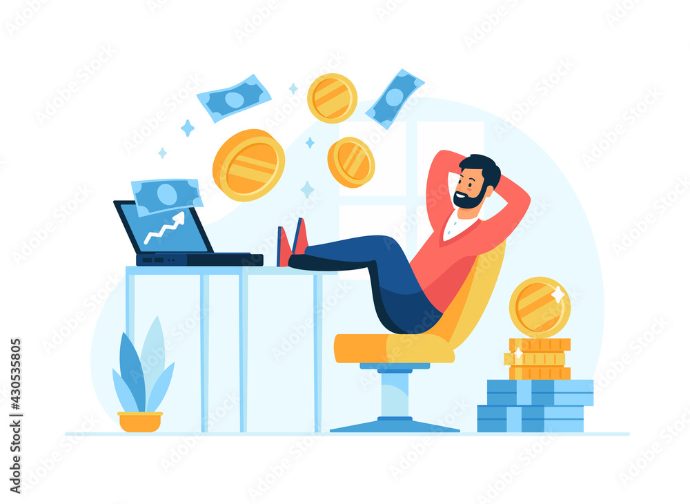 Passive income concept flat vector illustration. Male cartoon character ...