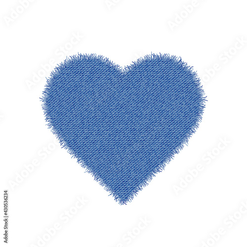 Denim heart shape. Torn jean patch. Vector realistic illustration on white background.