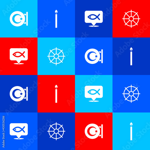 Set Star and crescent, Burning candle, Christian fish and Dharma wheel icon. Vector