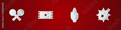 Set Maracas, Mexican carpet, Corn and Tabasco sauce icon. Vector