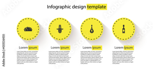 Set Taco with tortilla, Mexican man sombrero, guitar and Tabasco sauce. Business infographic template. Vector