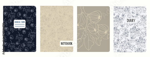 Cover page vector templates with fig tree branches and fruit. Headers isolated and replaceable
