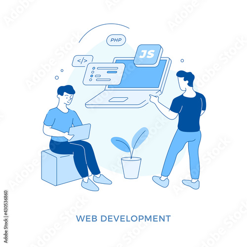 Linear flat Web development concept vector illustration. Male cartoon characters coder and programmer working together on laptop. Script coding and programming. Software developers