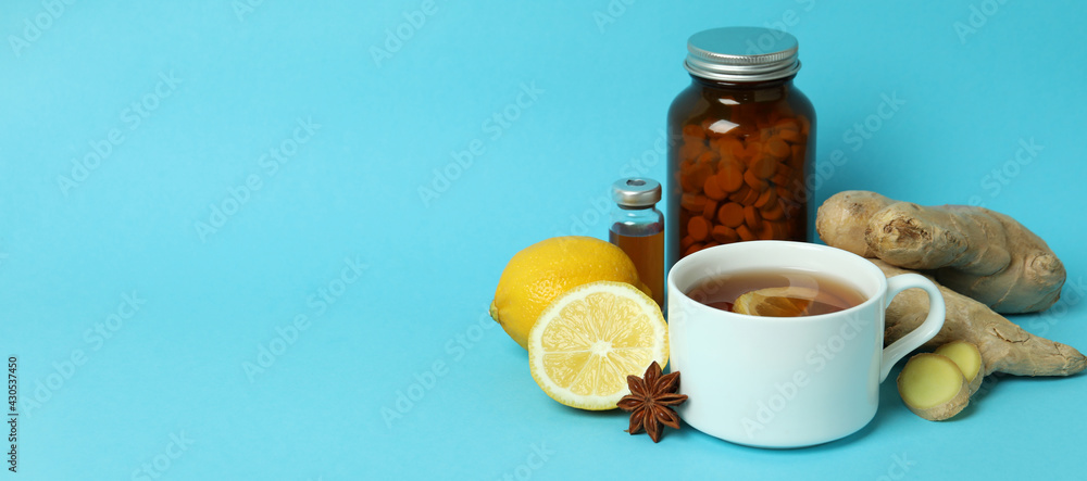 Concept of alternative cold treatment on blue background, space for text Concept of alternative cold treatment on blue background, space for text