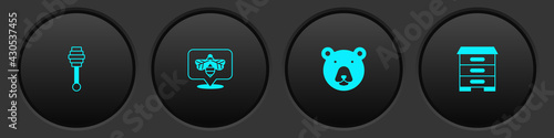 Set Honey dipper stick, Bee, Bear head and Hive for bees icon. Vector