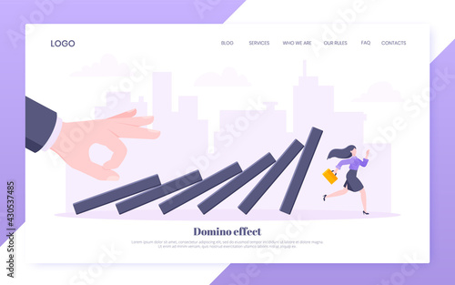 Domino effect or business cowardice metaphor vector illustration concept. Adult young businesswoman run away from hand falling domino line business concept problem solving and danger chain reaction.