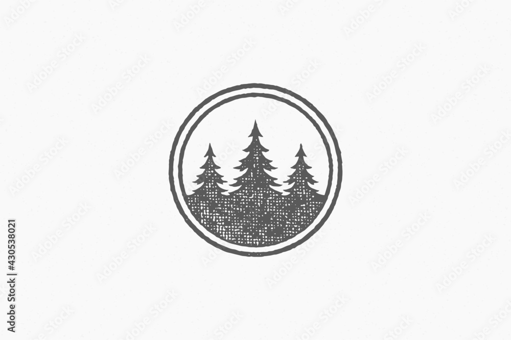Spruce trees depicted inside circle isolated on white background hand drawn stamp effect vector illustration