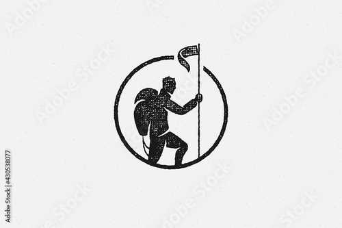 Black silhouette hiker putting flag on top mountain trip in highlands hand drawn stamp effect vector illustration.