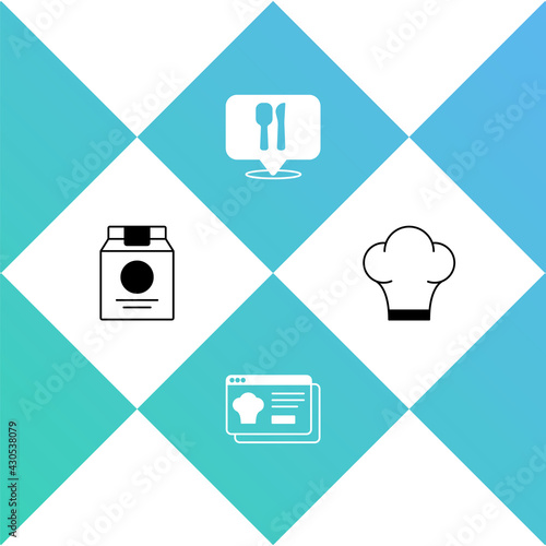 Set Online ordering and delivery, , Cafe restaurant location and Chef hat icon. Vector