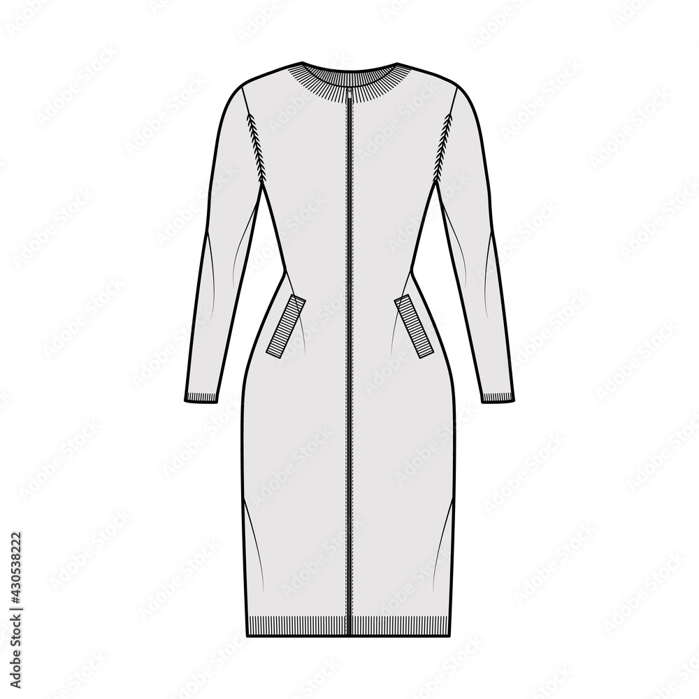 Zip-up dress cardigan Sweater technical fashion illustration with rib crew neck, long sleeves, fitted body, knit trim, pockets. Flat jumper apparel front, grey color. Women men unisex CAD mockup Zip-up dress cardigan Sweater technical fashion illustration with rib crew neck, long sleeves, fitted body, knit trim, pockets. Flat jumper apparel front, grey color. Women men unisex CAD mockup