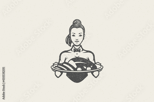 Waitress silhouette in uniform holding tray with roasted poultry turkey hand drawn stamp effect vector illustration.