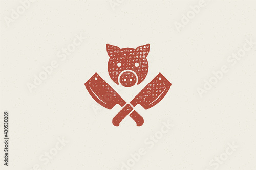 Pig head silhouette and crossed butcher knives for butchery industry hand drawn stamp effect vector illustration.