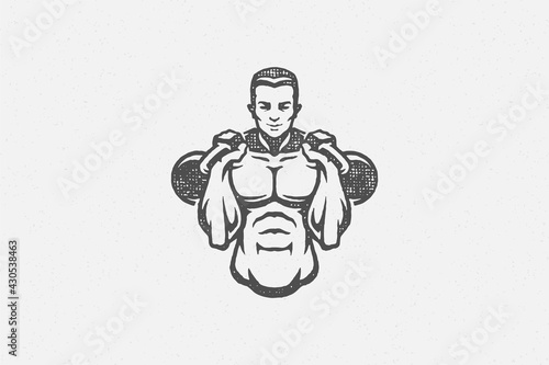 Muscular sportsman with kettlebells silhouette hand drawn stamp vector illustration.
