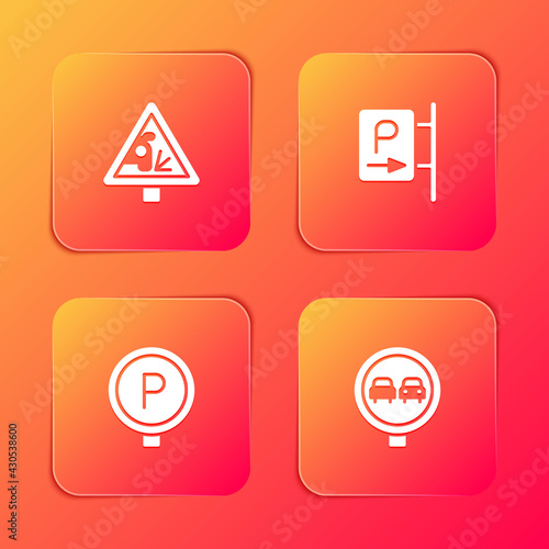 Set Warning road sign, Parking, and No overtaking traffic icon. Vector