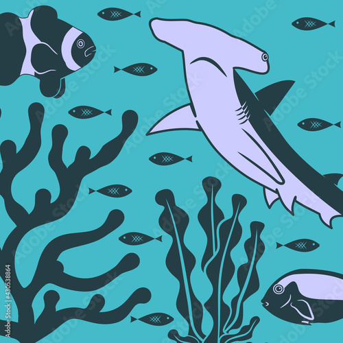 Coral Reef with fish on a blue sea background. Vector illustration 