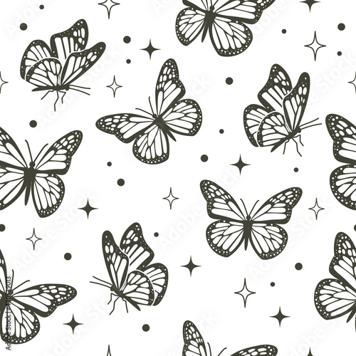 Seamless flying butterfly pattern. Flat style insect background illustration.