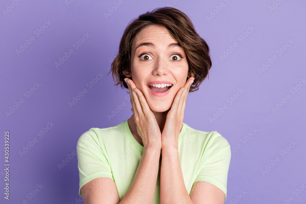 Close-up portrait of nice attractive amazed cheerful girl good news reaction isolated over bright violet purple color background Close-up portrait of nice attractive amazed cheerful girl good news reaction isolated over bright violet purple color background