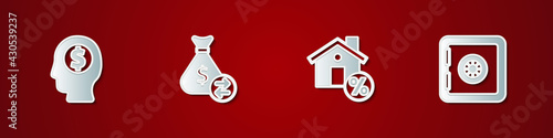 Set Business man planning mind, Money bag, House with percant discount and Safe icon. Vector