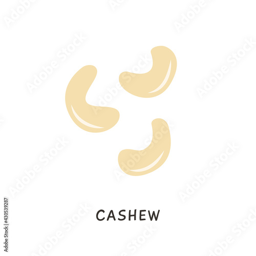 Whole cashew nuts without shell isolated on white background. Simple colored fruits icon. Delicious edible nut hand drawn in minimalistic flat style. Natural vector illustration.