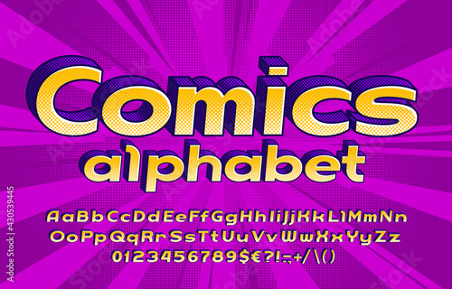 Comics alphabet font. Letters, numbers and punctuations in retro comic style. Halftone background. Stock vector illustration typography design.